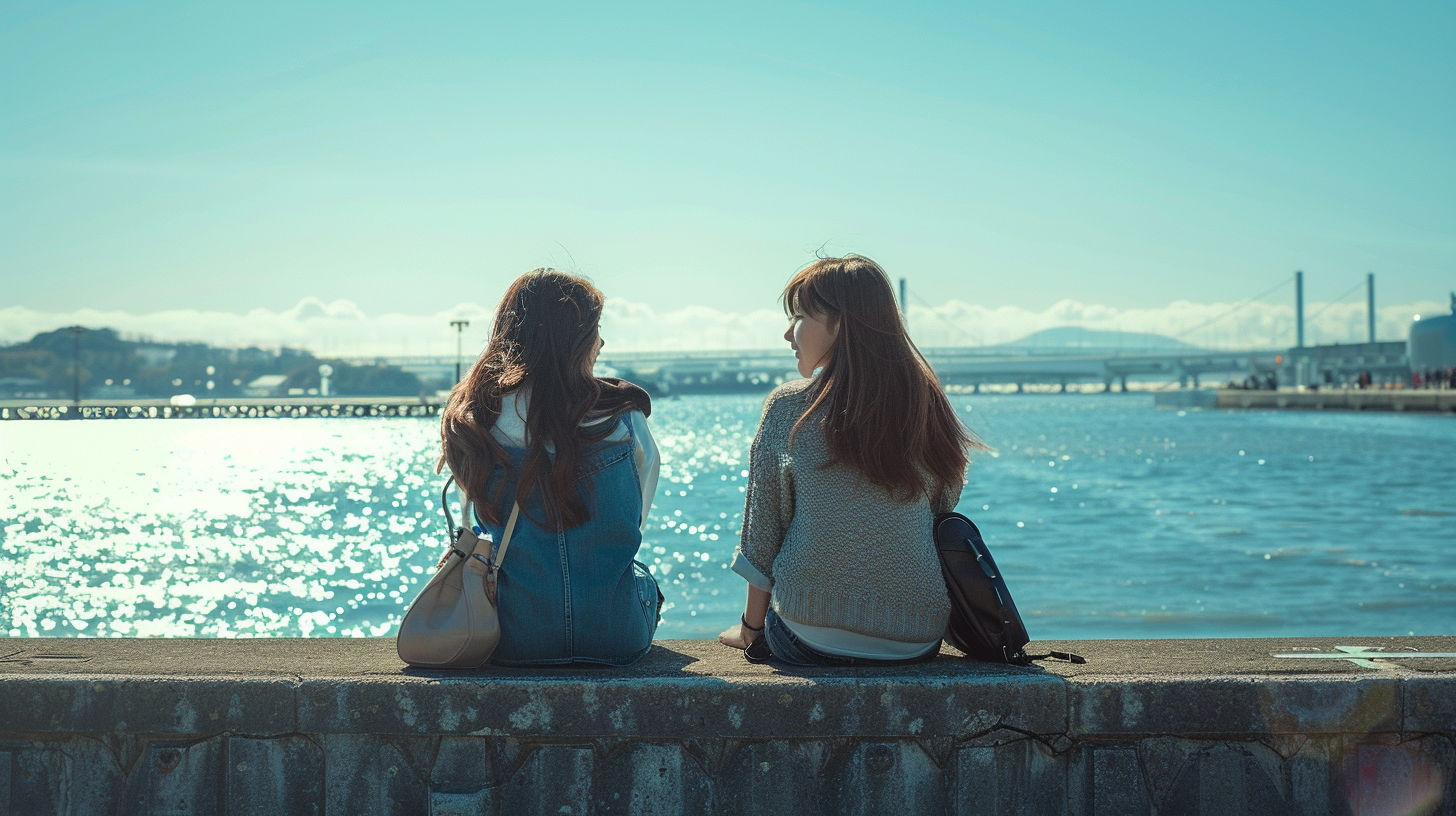 海辺の堤防に座る二人の少女